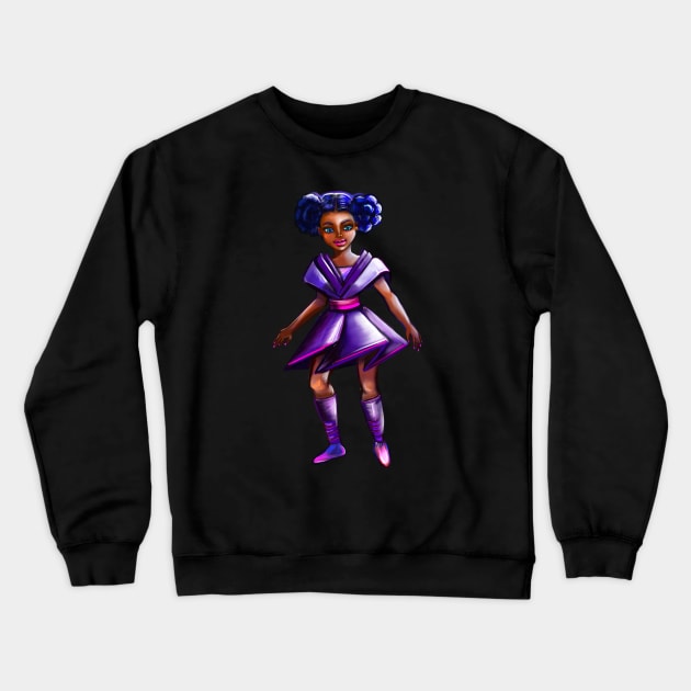 Anime girl with two puffs. Back lit 2. Black afro anime girl in purple from outer space ! beautiful  black girl with Braided hair, blue eyes, Cherry pink lips and dark brown skin. Hair love ! Crewneck Sweatshirt by Artonmytee